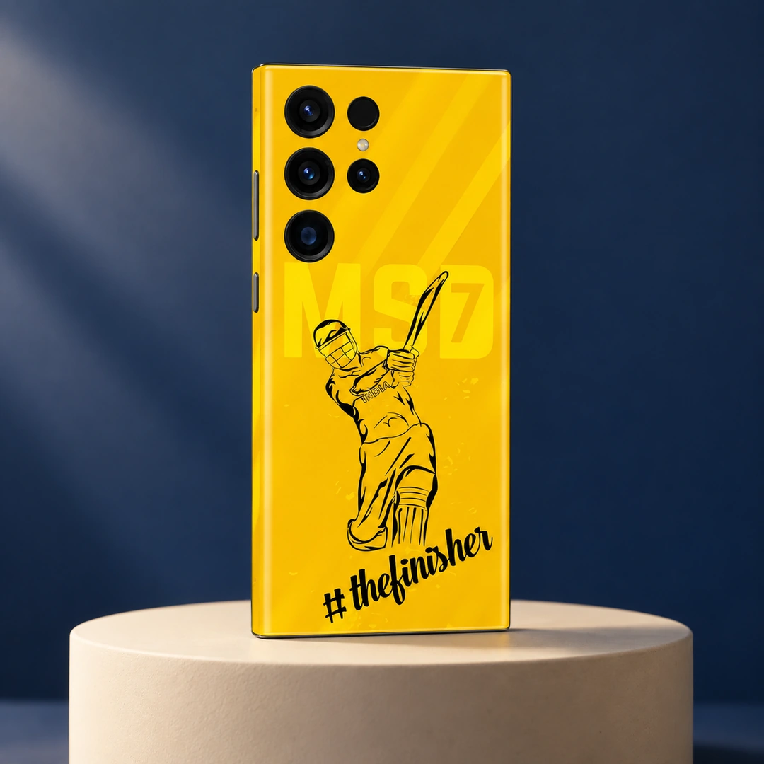 Dhoni Finisher Yellow Mobile Skin – navy studio angle Yellow Dhoni batting illustration mobile skin with thefinisher script, navy studio angle