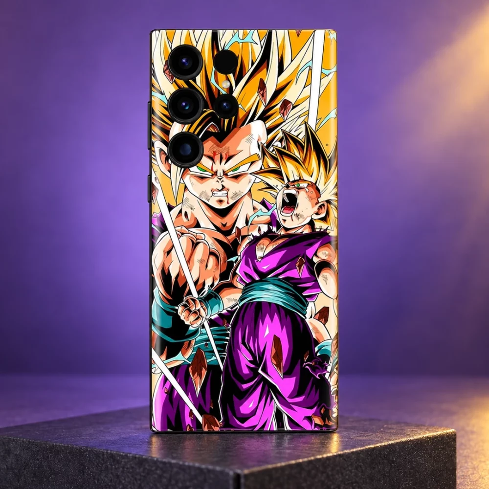 Gohan Super Saiyan mobile skin with golden hair and purple outfit, violet studio hero