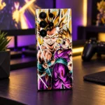 Gohan Super Saiyan mobile skin with golden hair and purple outfit, gaming desk angle