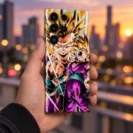 Gohan Super Saiyan mobile skin with golden hair and purple outfit, sunset handheld view
