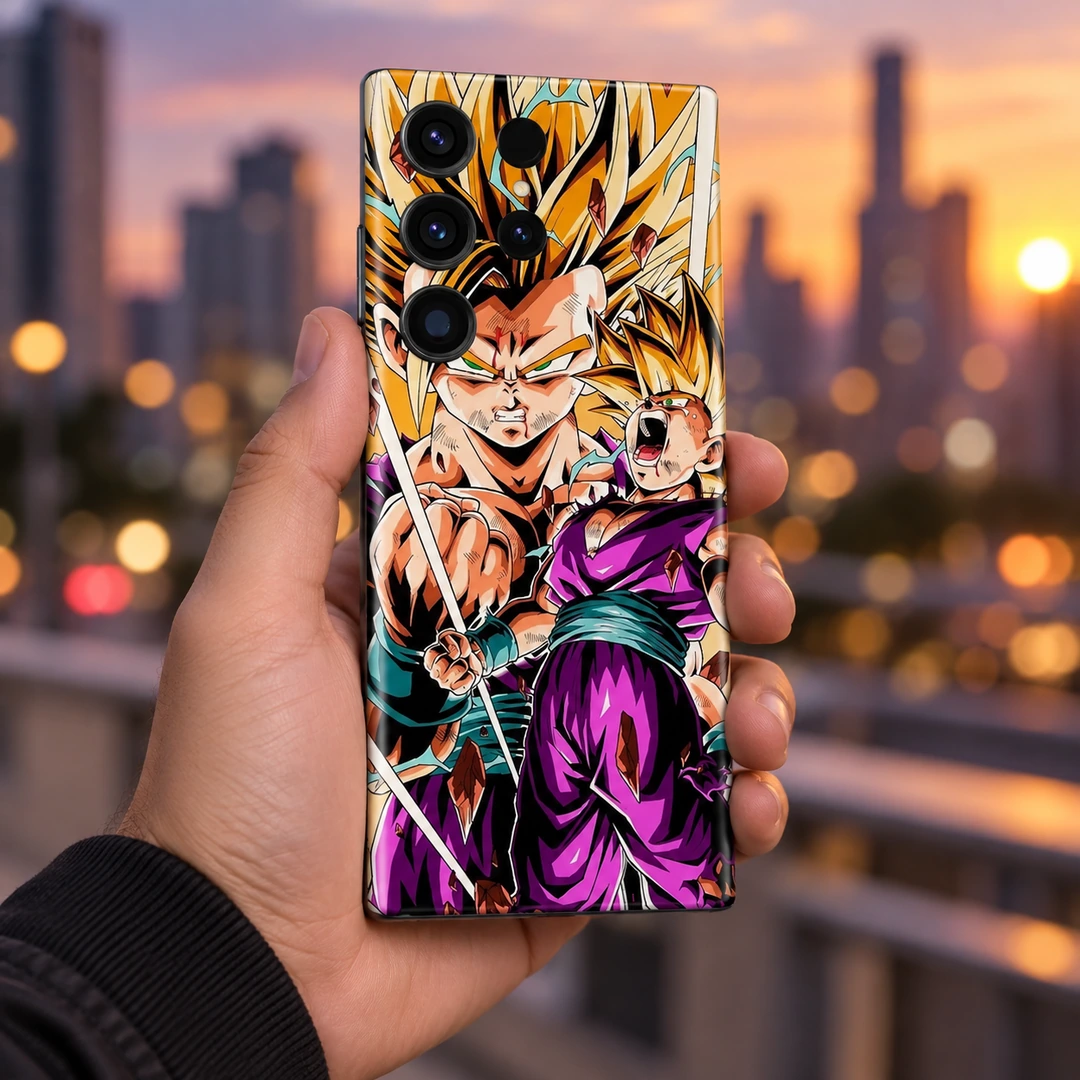 Gohan Mobile Skin – sunset handheld view Gohan Super Saiyan mobile skin with golden hair and purple outfit, sunset handheld view