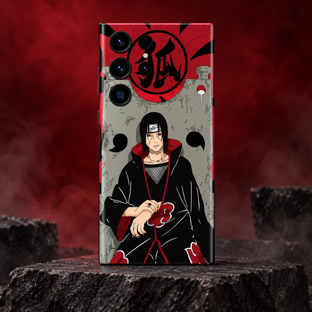 Itachi Uchiha Mobile Skin – crimson stone hero Itachi Uchiha red black and grey mobile skin, crimson stone hero