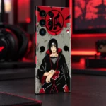 Itachi Uchiha red black and grey mobile skin, gaming desk angle