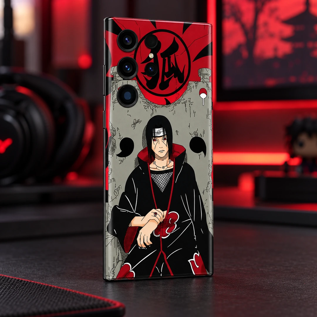Itachi Uchiha Mobile Skin – gaming desk angle Itachi Uchiha red black and grey mobile skin, gaming desk angle
