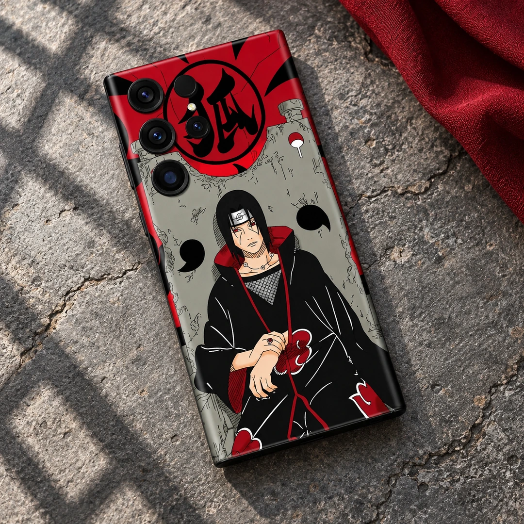 Itachi Uchiha Mobile Skin – stone flat lay Itachi Uchiha red black and grey mobile skin, stone flat lay