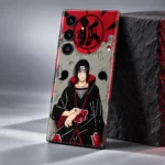 Itachi Uchiha red black and grey mobile skin, studio side angle