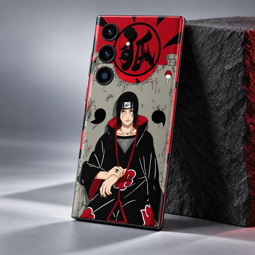 Itachi Uchiha Mobile Skin – studio side angle Itachi Uchiha red black and grey mobile skin, studio side angle
