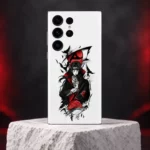 White Itachi Uchiha mobile skin with red eye and black crow artwork, limestone studio hero