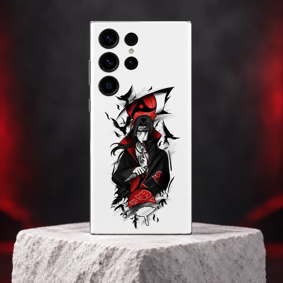 Itachi Uchiha White Crow Mobile Skin – limestone studio hero White Itachi Uchiha mobile skin with red eye and black crow artwork, limestone studio hero
