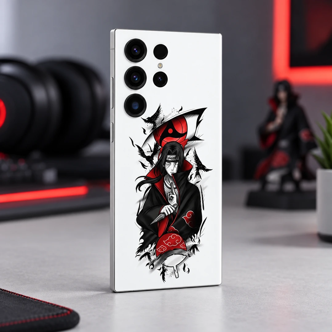Itachi Uchiha White Crow Mobile Skin – minimal gaming desk angle White Itachi Uchiha mobile skin with red eye and black crow artwork, minimal gaming desk angle