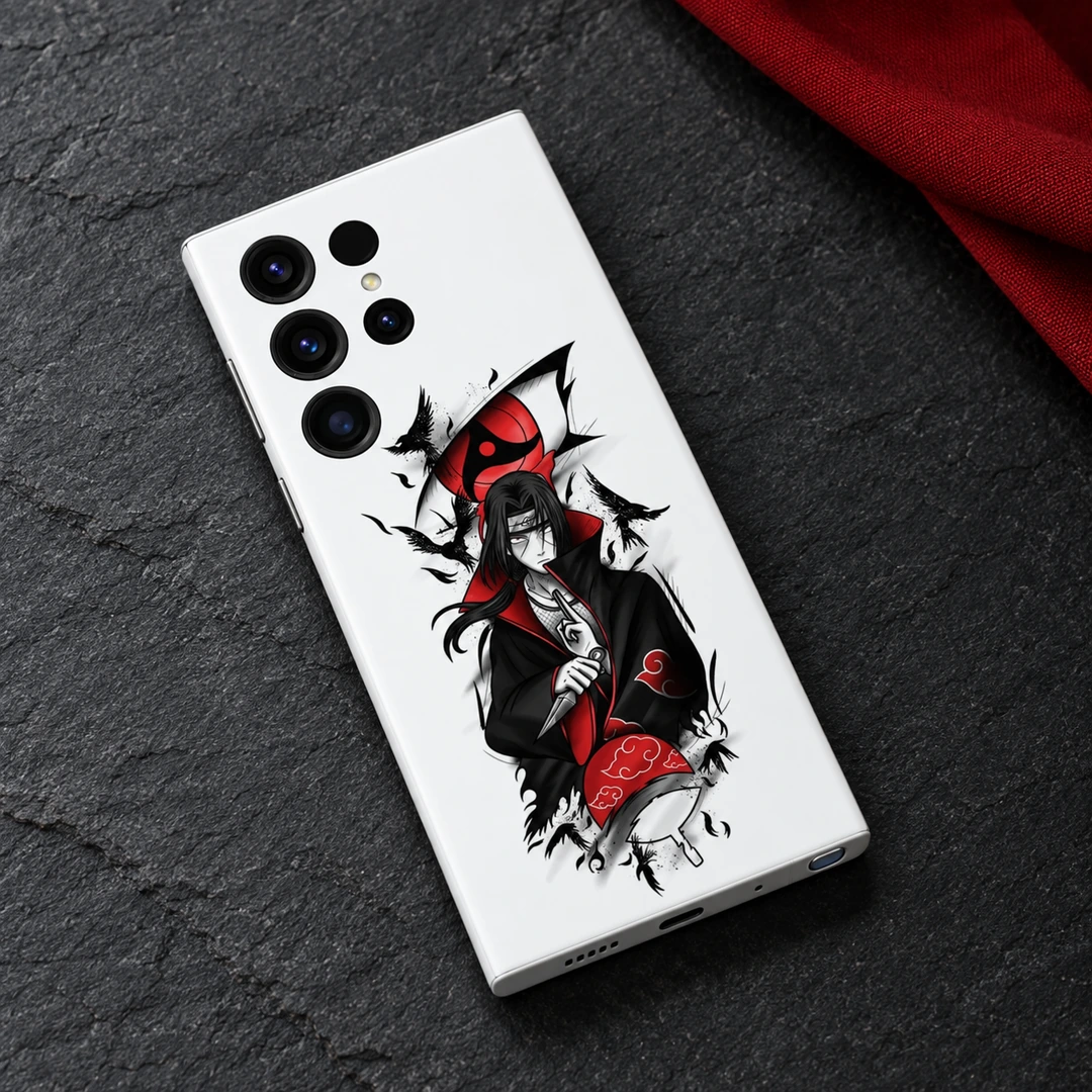 Itachi Uchiha White Crow Mobile Skin – slate flat lay White Itachi Uchiha mobile skin with red eye and black crow artwork, slate flat lay