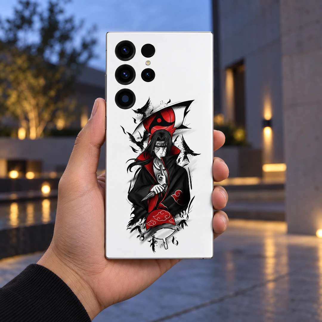 Itachi Uchiha White Crow Mobile Skin – courtyard handheld view White Itachi Uchiha mobile skin with red eye and black crow artwork, courtyard handheld view