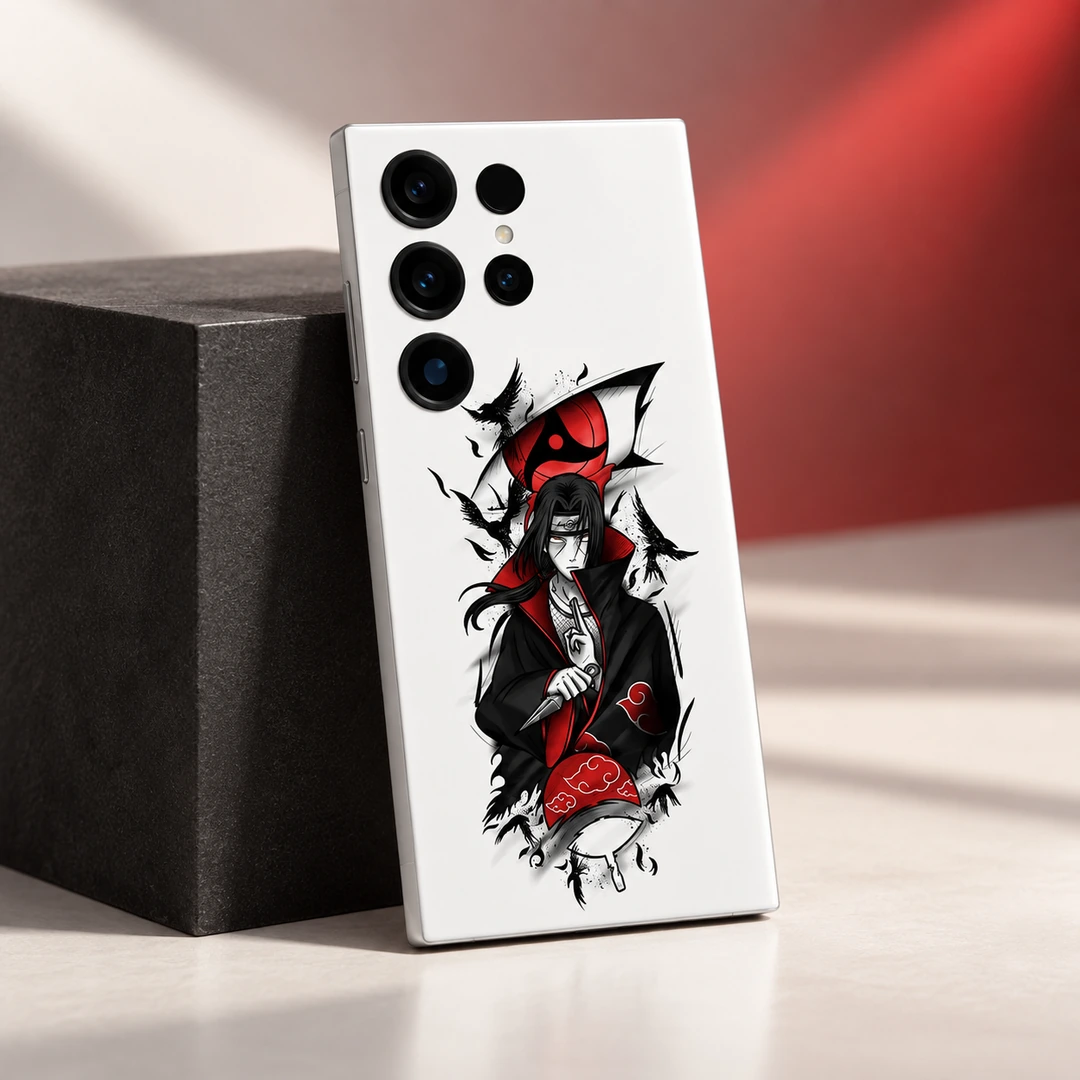 Itachi Uchiha White Crow Mobile Skin – geometric studio angle White Itachi Uchiha mobile skin with red eye and black crow artwork, geometric studio angle