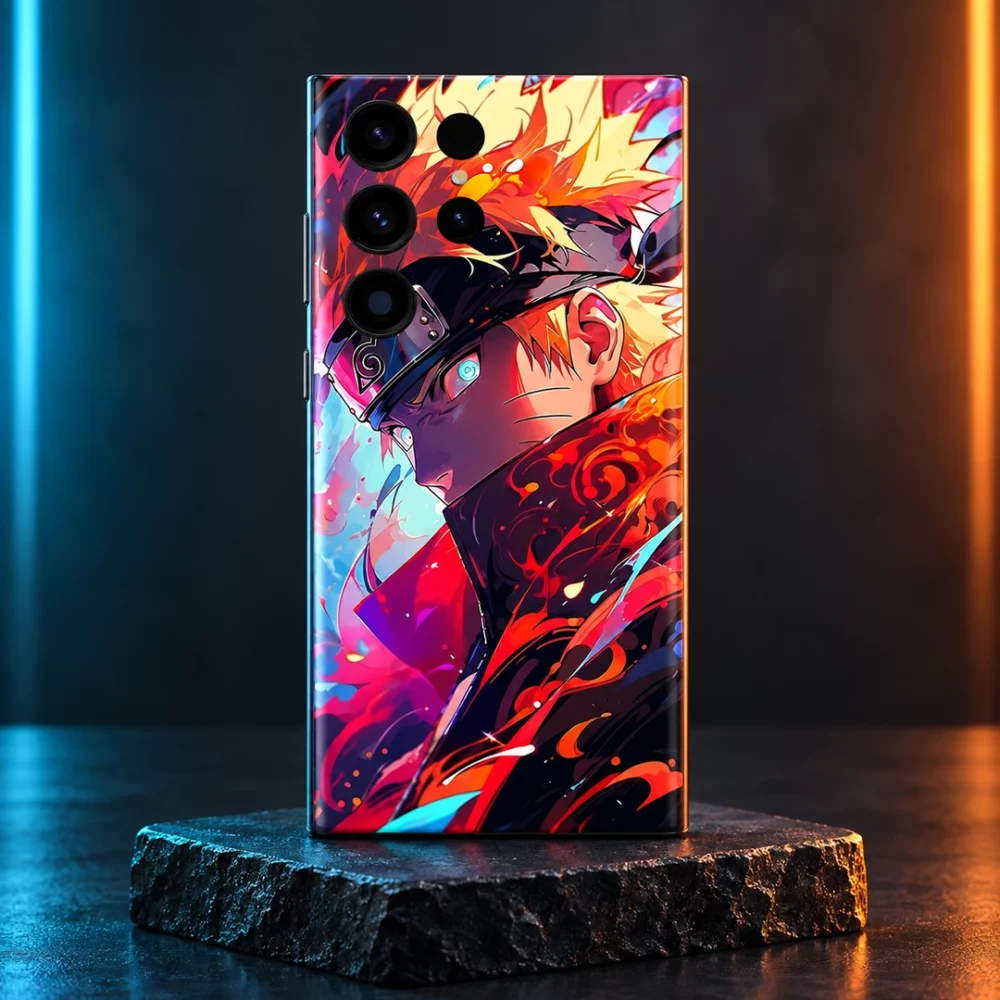 Naruto Vivid Flame mobile skin with orange and cyan anime portrait, neon studio hero