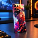Naruto Vivid Flame mobile skin with orange and cyan anime portrait, gaming desk angle