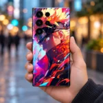 Naruto Vivid Flame mobile skin with orange and cyan anime portrait, urban handheld view