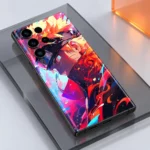 Naruto Vivid Flame mobile skin with orange and cyan anime portrait, glass studio detail