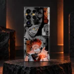 Sukuna mobile skin with gray manga collage and orange Japanese lettering, basalt studio hero