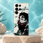Demon Slayer Tanjiro mobile skin with cream background and turquoise water artwork, turquoise studio hero