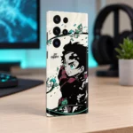 Demon Slayer Tanjiro mobile skin with cream background and turquoise water artwork, teal desk angle