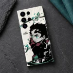 Demon Slayer Tanjiro mobile skin with cream background and turquoise water artwork, dark slate flat lay