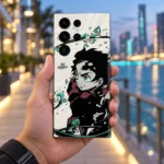 Demon Slayer Tanjiro mobile skin with cream background and turquoise water artwork, waterside handheld view