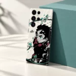 Demon Slayer Tanjiro mobile skin with cream background and turquoise water artwork, cream studio angle
