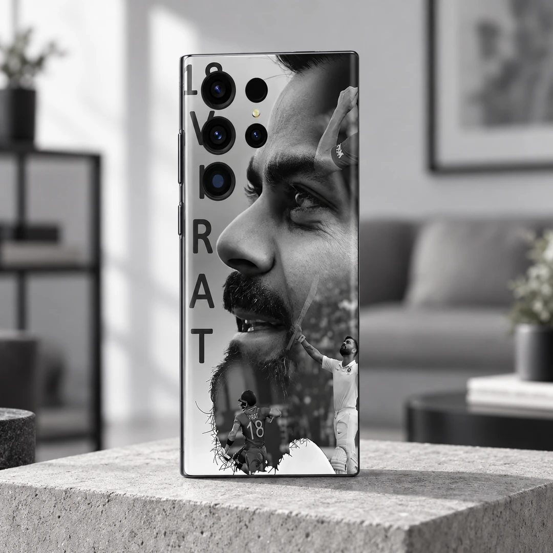 18 Virat Kohli Monochrome Mobile Skin – apartment 18 Virat Kohli photo mobile skin standing on a concrete display block