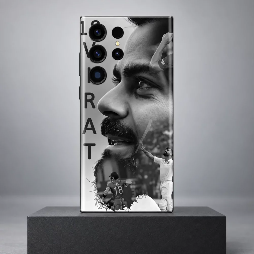 18 Virat Kohli monochrome photo collage mobile skin on a charcoal plinth