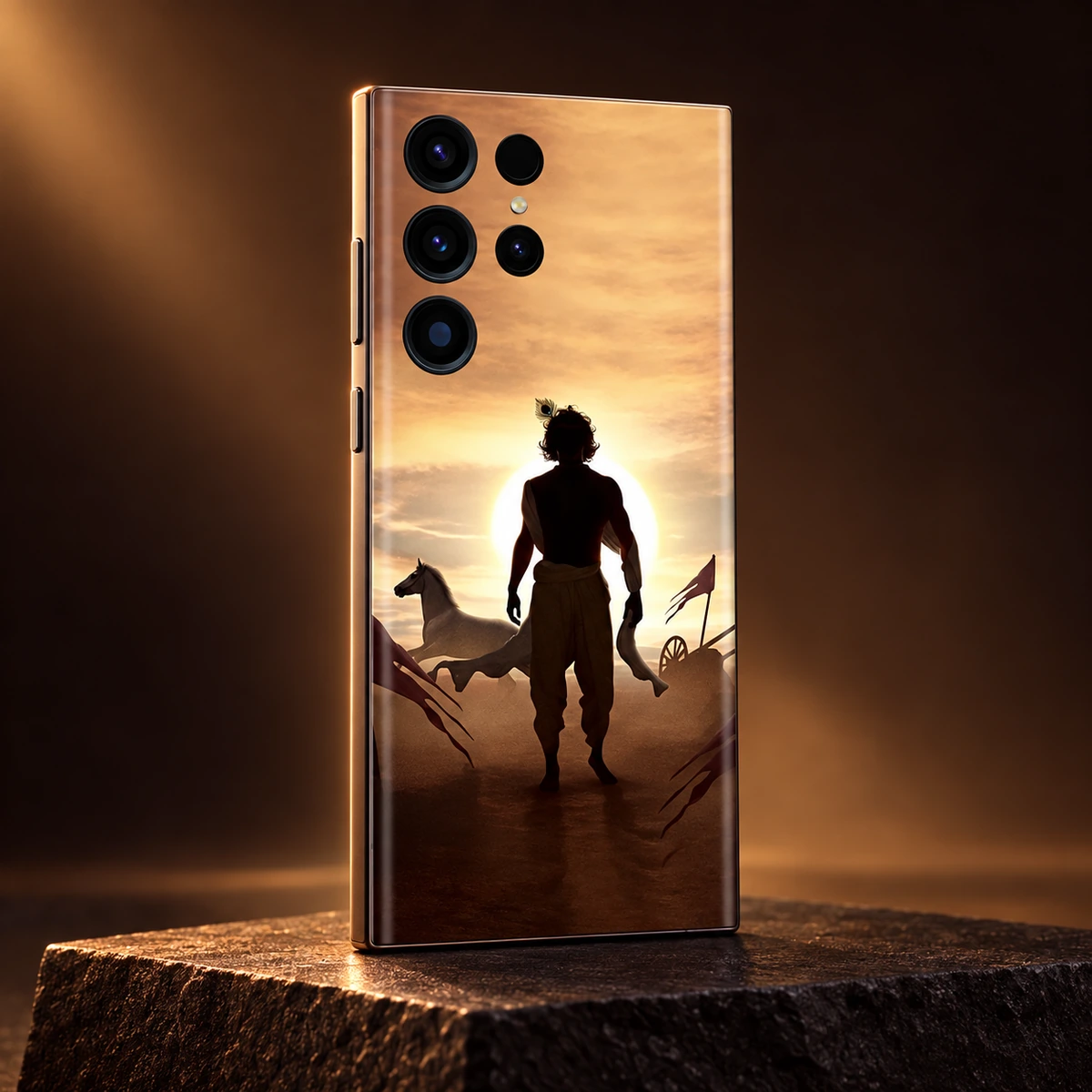 Krishna Sunset Mobile Skin - amber angle Krishna golden sunset mobile skin in an amber studio rear angle