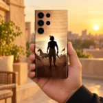 Krishna Sunset Silhouette Mobile Skin held in hand on a terrace at golden hour