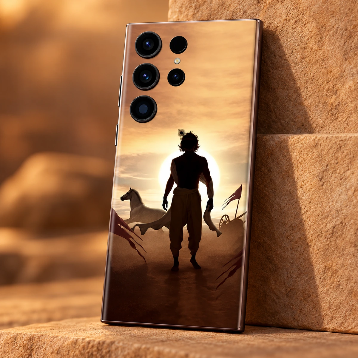 Krishna Sunset Mobile Skin - artwork detail Close view of Krishna silhouette with horse and chariot details on a golden sunset mobile skin