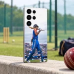 Virat Kohli mobile skin with blue kit and bat across shoulders, practice ground angle