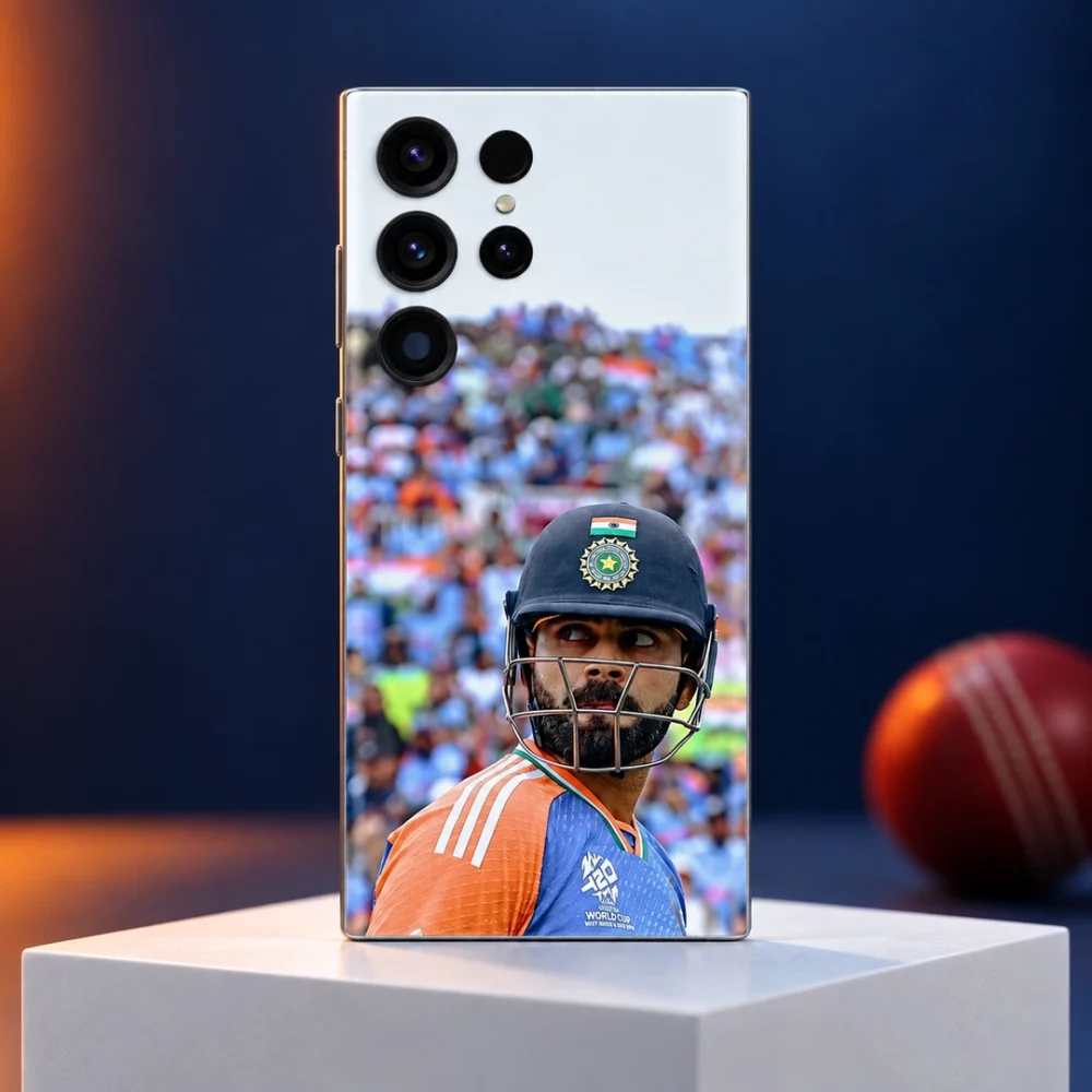 Virat Kohli India helmet portrait mobile skin with stadium crowd, navy studio hero