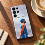 Virat Kohli mobile skin with No.18 Belongs To Heart message and blue-orange training portrait, warm walnut cafe