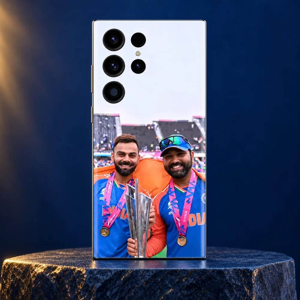 Virat Kohli and Rohit Sharma trophy photo mobile skin with blue India jerseys, navy studio hero