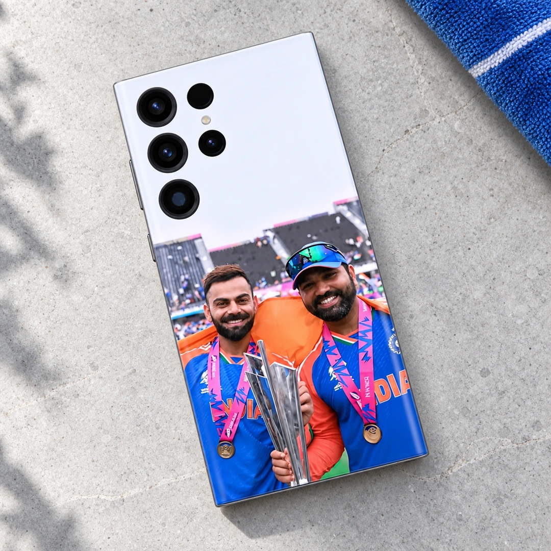 Virat Kohli & Rohit Sharma Trophy Photo Mobile Skin - pale stone flat lay Virat Kohli and Rohit Sharma trophy photo mobile skin with blue India jerseys, pale stone flat lay
