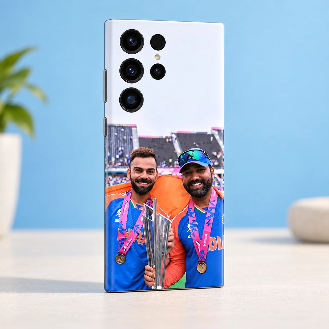 Virat Kohli & Rohit Sharma Trophy Photo Mobile Skin - blue studio rear angle Virat Kohli and Rohit Sharma trophy photo mobile skin with blue India jerseys, blue studio rear angle