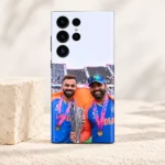 Virat Kohli and Rohit Sharma trophy photo mobile skin with blue India jerseys, bright limestone studio