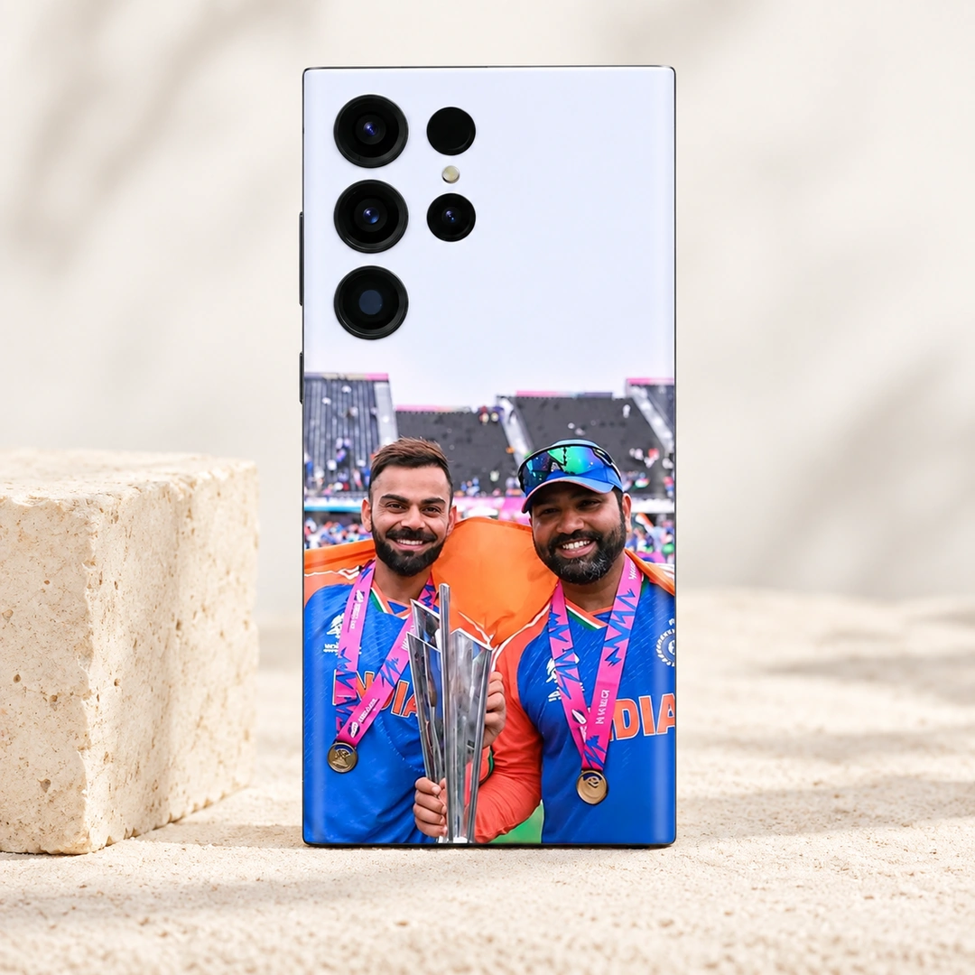 Virat Kohli & Rohit Sharma Trophy Photo Mobile Skin - bright limestone studio Virat Kohli and Rohit Sharma trophy photo mobile skin with blue India jerseys, bright limestone studio
