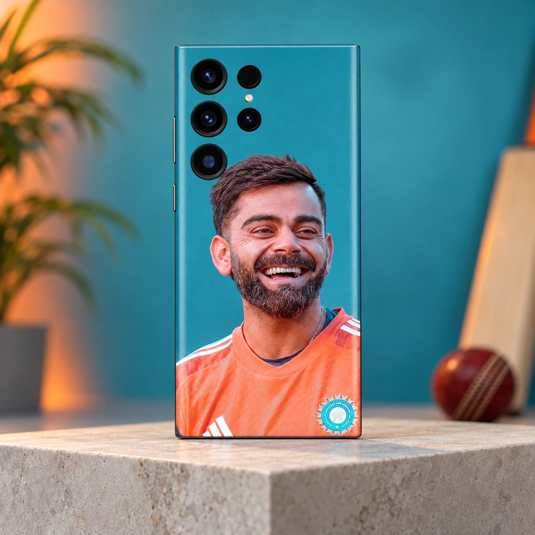 Virat Kohli Smiling Portrait Mobile Skin - Teal Studio Hero Virat Kohli smiling in an orange training shirt on a teal mobile skin, teal studio hero