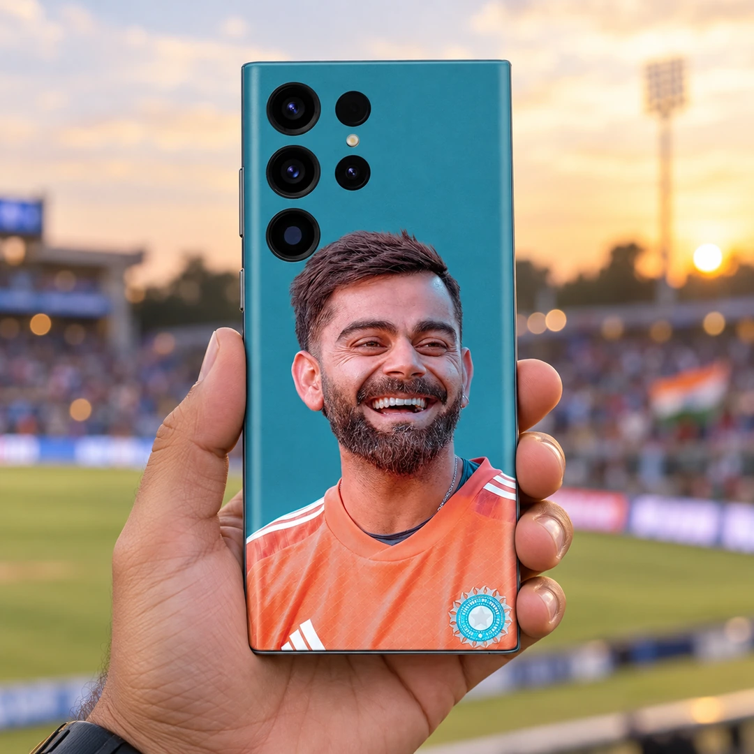Virat Kohli Smiling Portrait Mobile Skin - Handheld Ground View Virat Kohli smiling in an orange training shirt on a teal mobile skin, handheld ground view