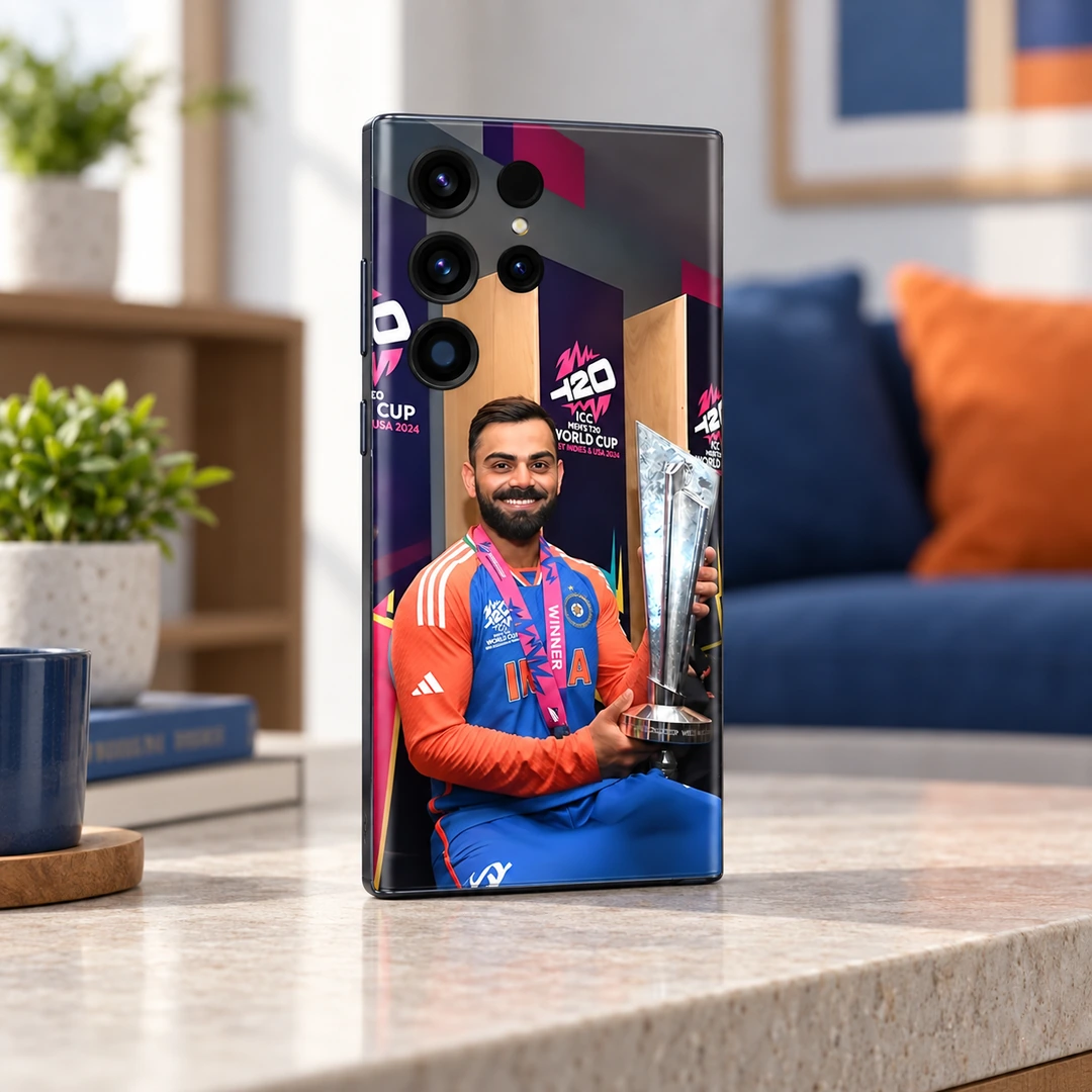 Virat Kohli T20 Trophy Mobile Skin – apartment Virat Kohli trophy photo mobile skin standing on a stone console