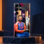 Virat Kohli trophy photo mobile skin with India jersey and pink medal ribbon on a navy plinth