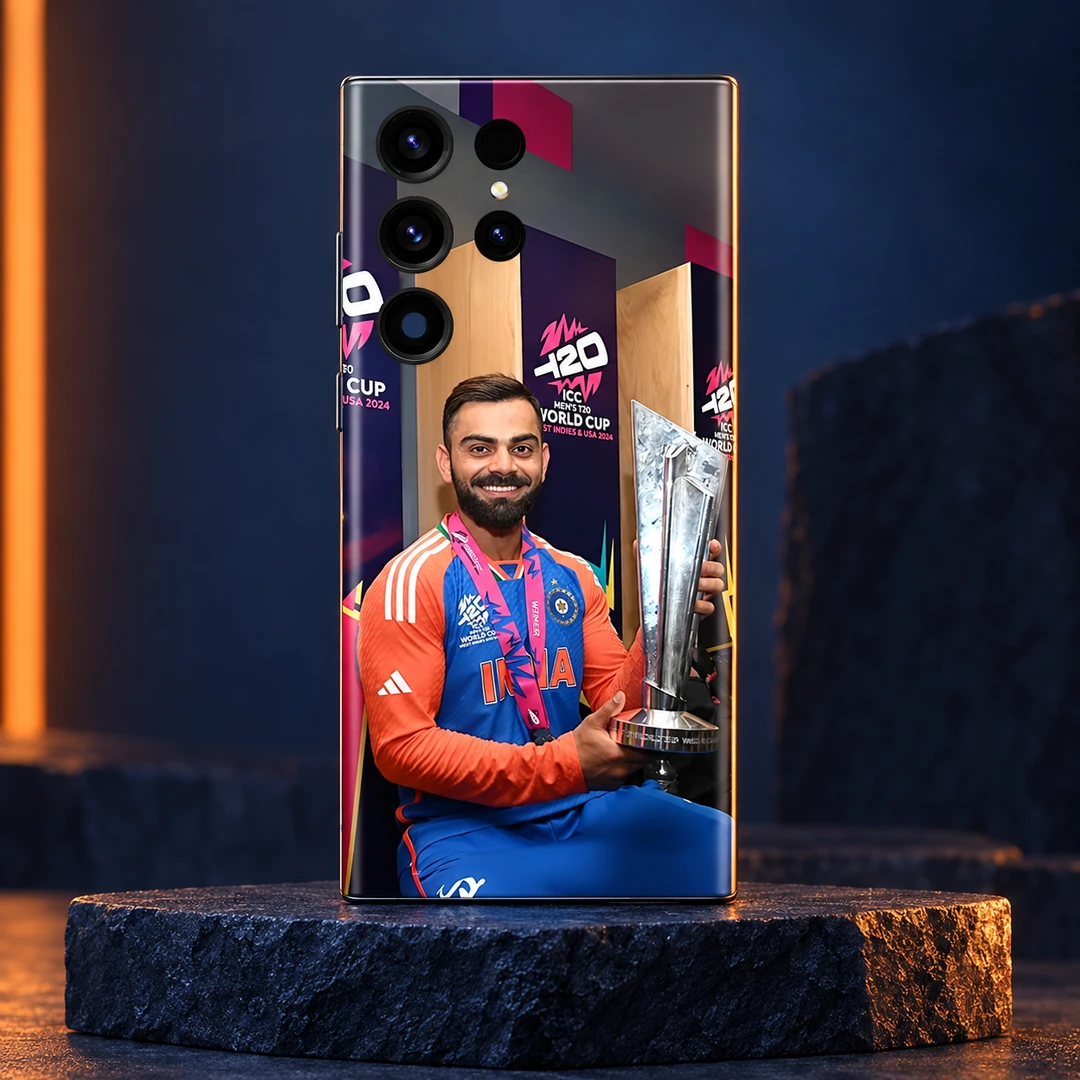 Virat Kohli T20 Trophy Mobile Skin – hero Virat Kohli trophy photo mobile skin with India jersey and pink medal ribbon on a navy plinth