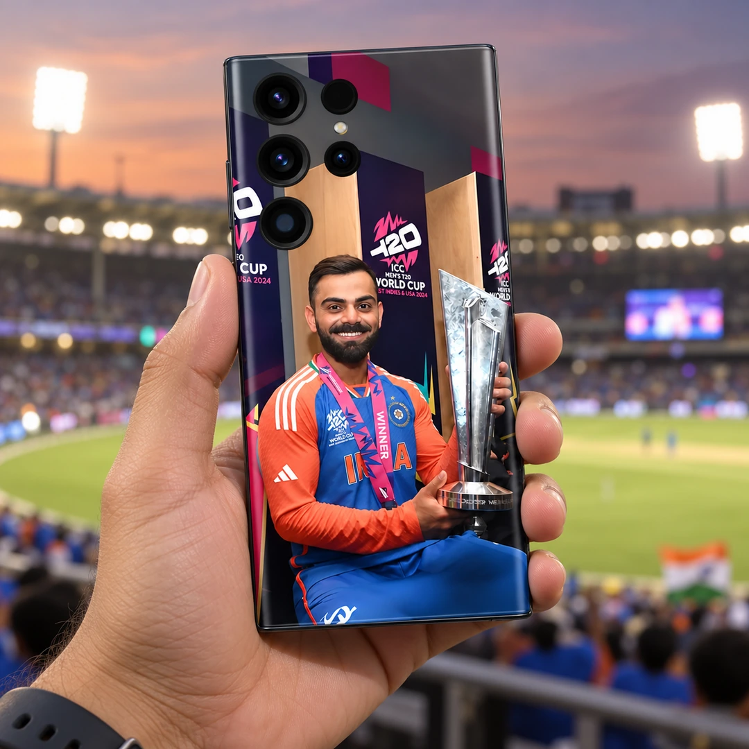 Virat Kohli T20 Trophy Mobile Skin – stadium handheld Hand holding Virat Kohli trophy mobile skin against a cricket stadium background