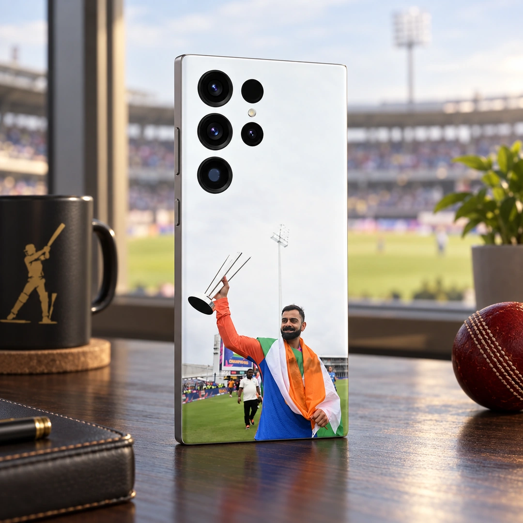 Virat Kohli Tricolour Trophy Mobile Skin - Stadium lounge angle Virat Kohli raising a silver trophy while draped in the Indian tricolour on a mobile skin, stadium lounge angle