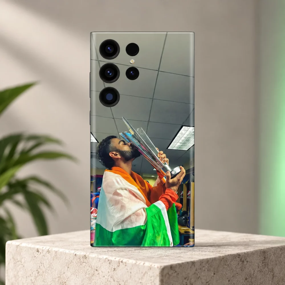 Virat Kohli trophy celebration photo mobile skin - limestone studio hero
