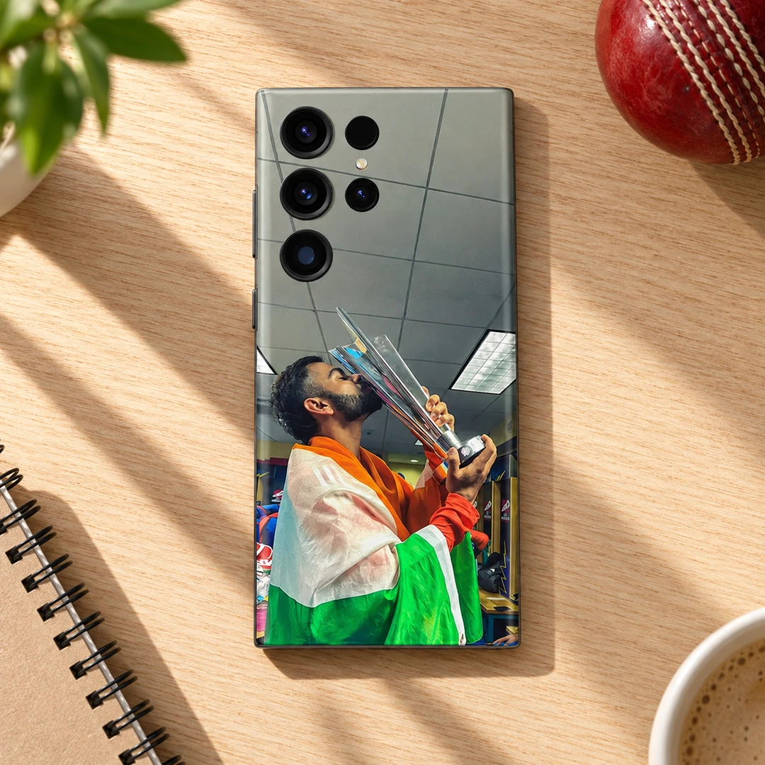 Virat Kohli Trophy Celebration Photo Mobile Skin - Cricket Flat Lay Virat Kohli trophy celebration photo mobile skin - cricket flat lay