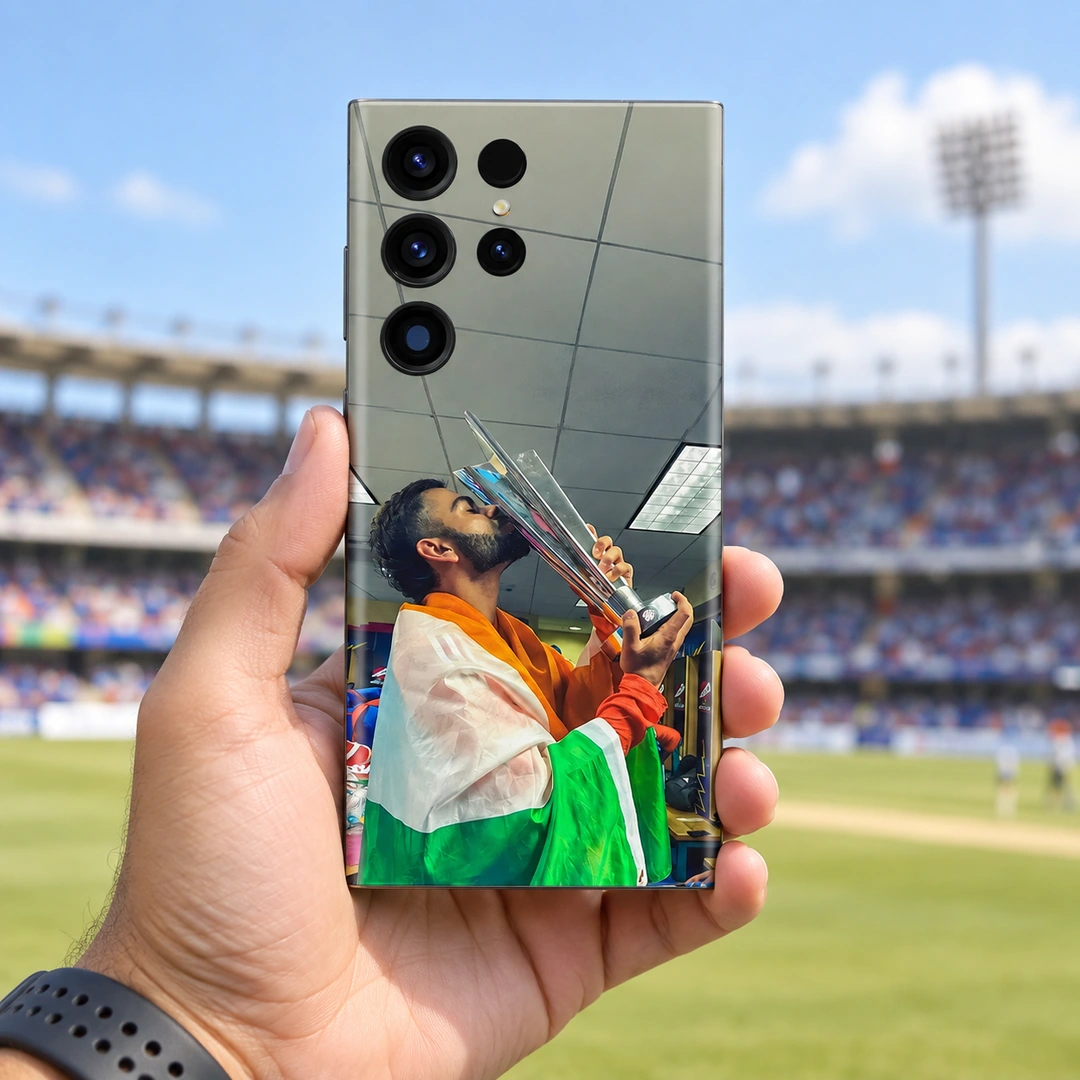 Virat Kohli Trophy Celebration Photo Mobile Skin - Cricket Ground Lifestyle Virat Kohli trophy celebration photo mobile skin - cricket ground lifestyle